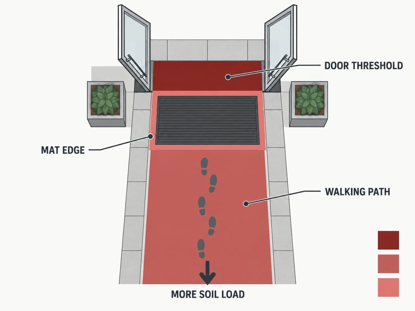 Entrance zone heat map diagram, shown as a labelled editorial diagram