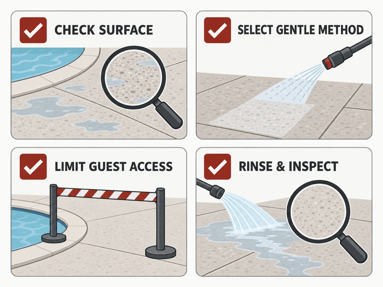 Pool deck safety checklist, shown as a labelled editorial diagram
