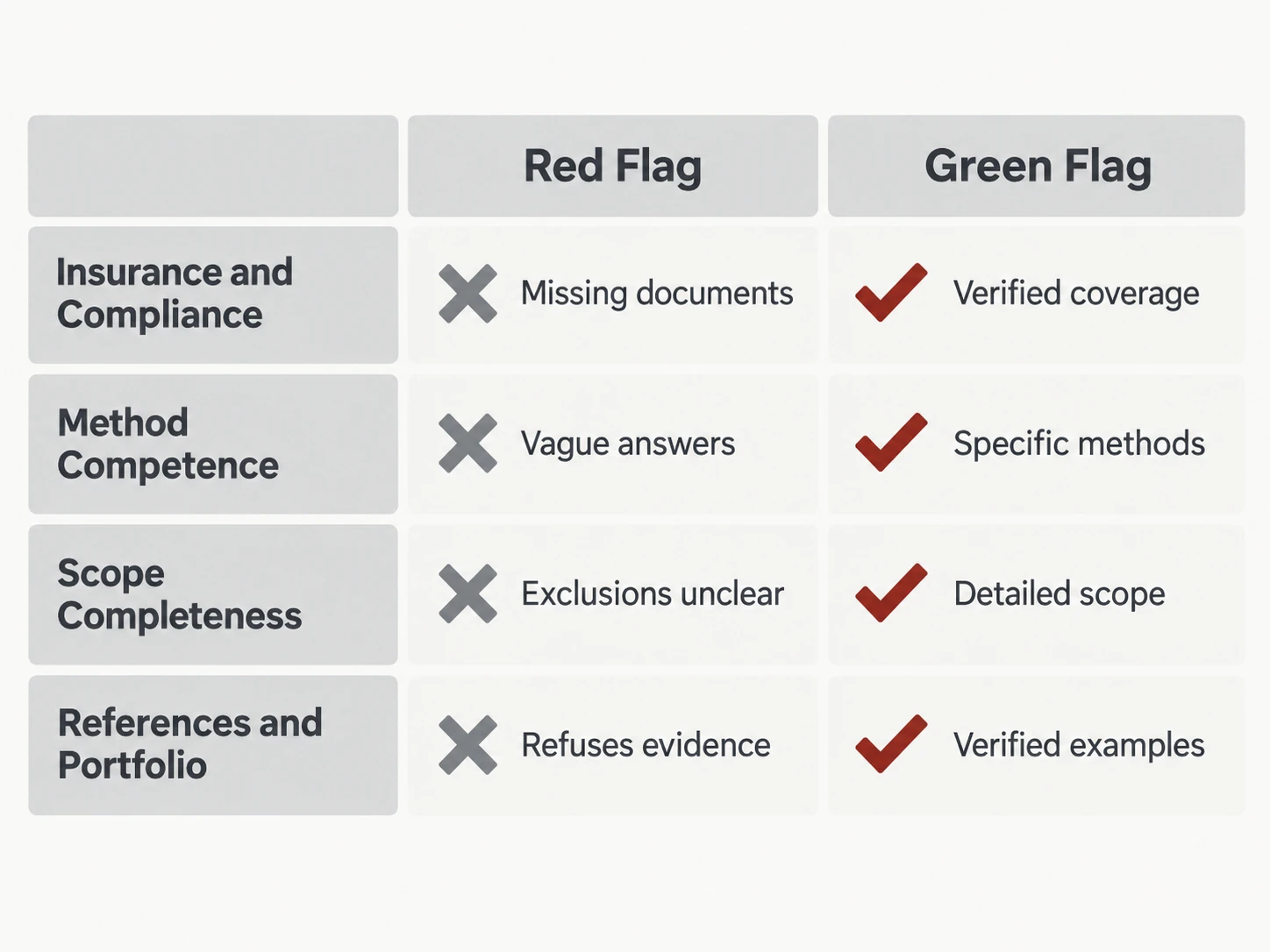 Red flag vs green flag comparison card, shown as a labelled editorial diagram