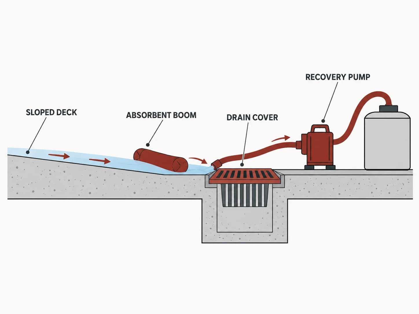 Containment/drainage schematic, shown as a labelled editorial diagram