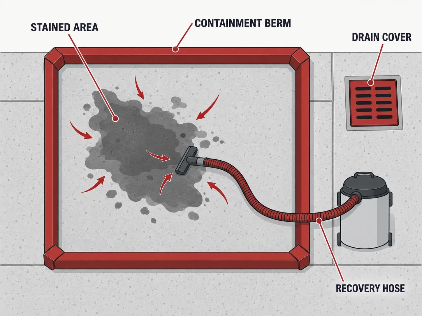 Runoff containment schematic, shown as a labelled editorial diagram