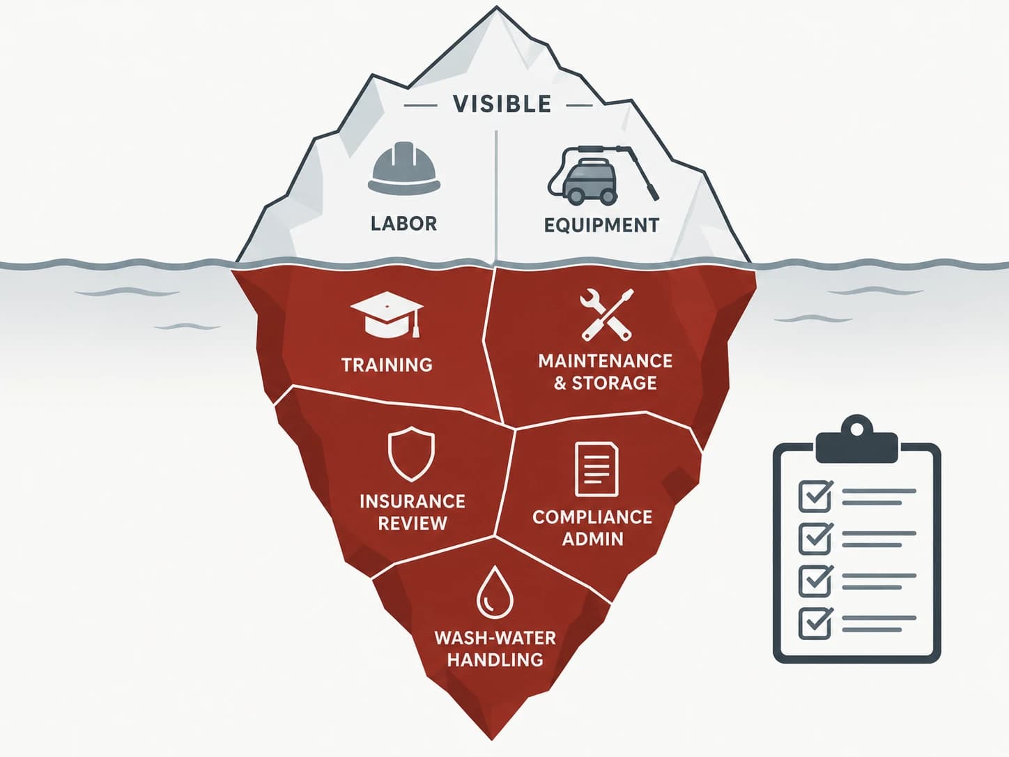 Hidden cost iceberg diagram, shown as a labelled editorial diagram