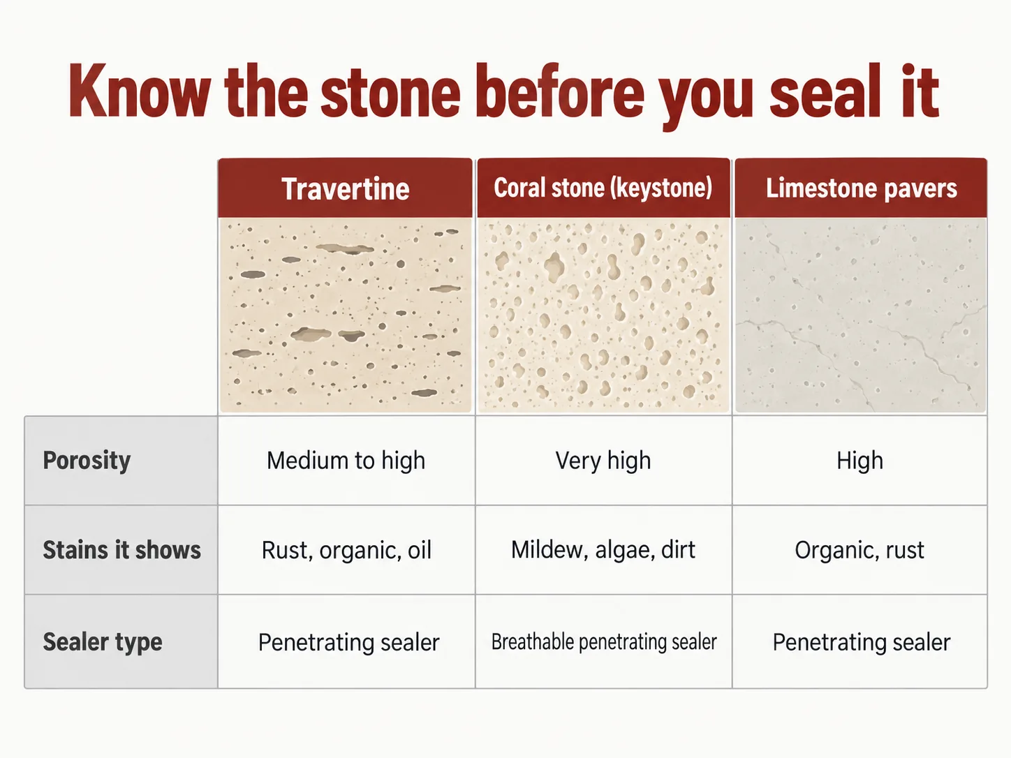 Matrix of travertine, coral stone and keystone against porosity and sealer type