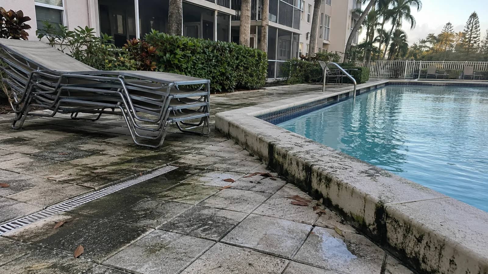 Wet concrete paver pool deck at a condominium with algae staining near the drains