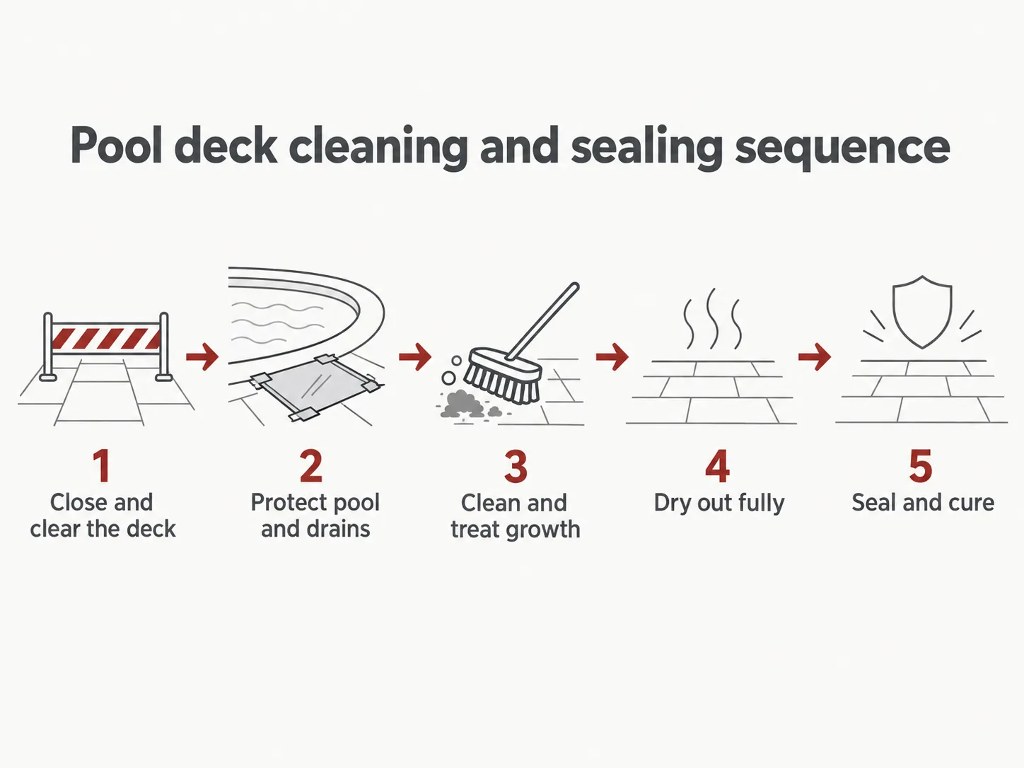Process diagram of the steps in cleaning and sealing a commercial pool deck