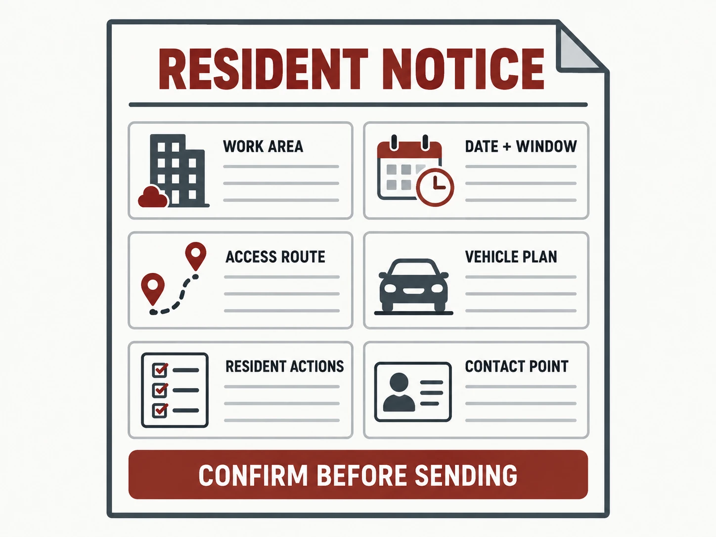 Resident notice template, shown as a labelled editorial diagram