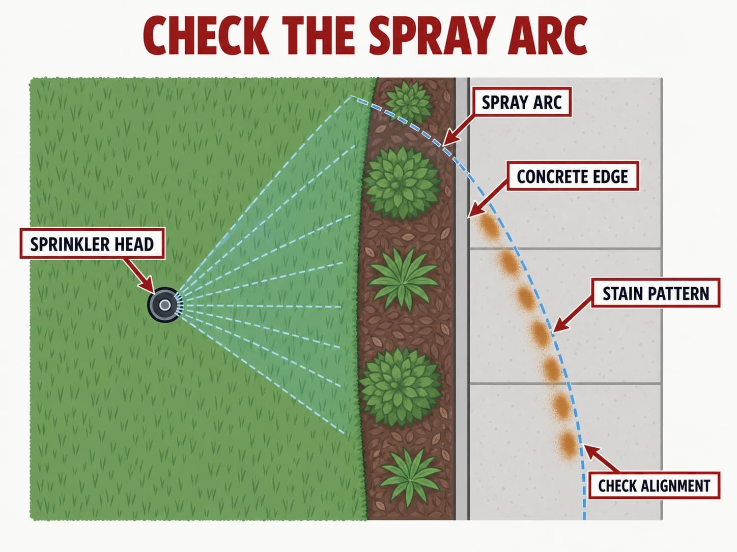 Irrigation overspray diagram, shown as a labelled editorial diagram