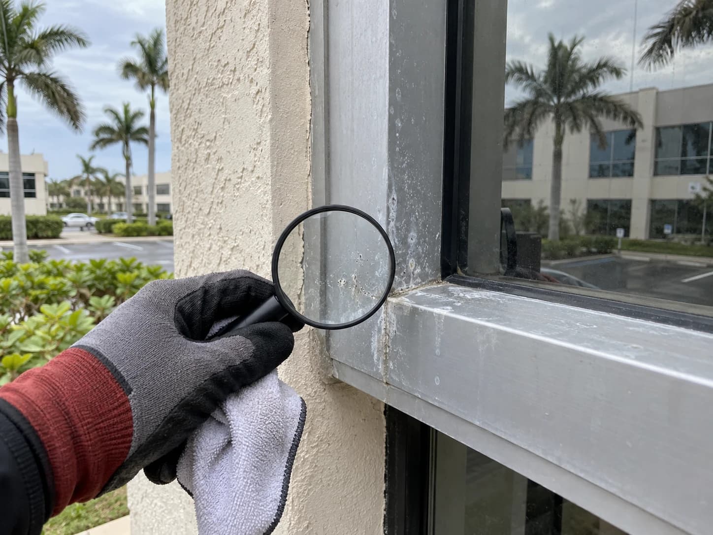 Technician inspecting salt residue and surface pitting on an aluminium window frame