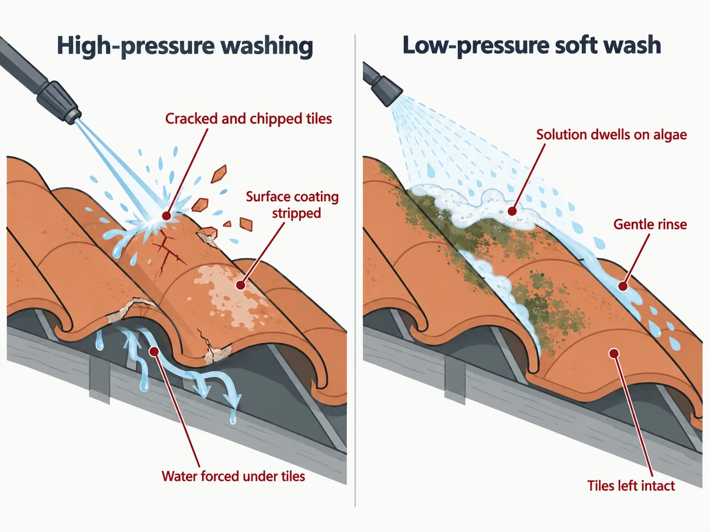 Diagram comparing high-pressure washing and low-pressure soft washing on clay and concrete roof tiles