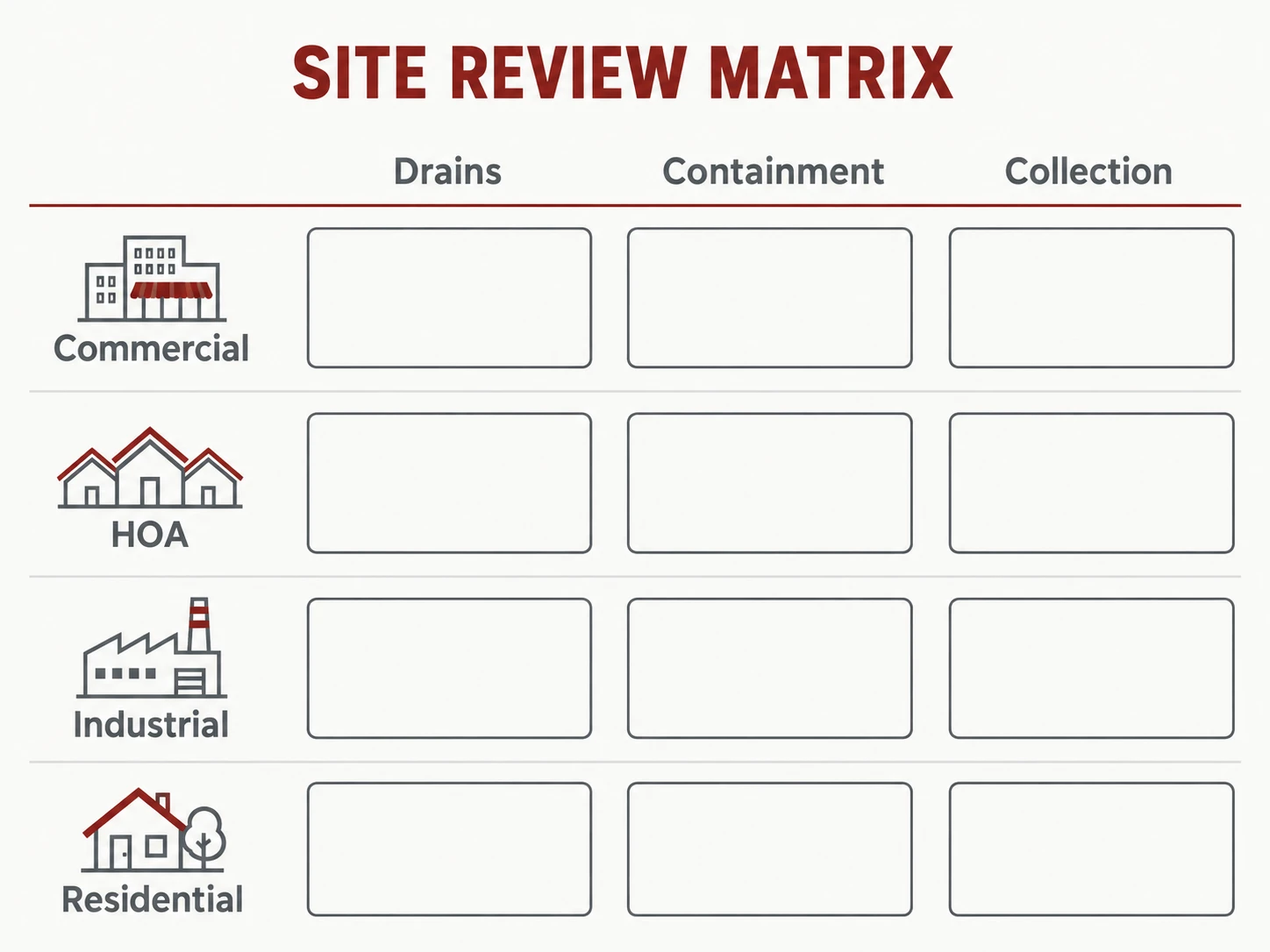 Site-type requirement matrix, shown as a labelled editorial diagram