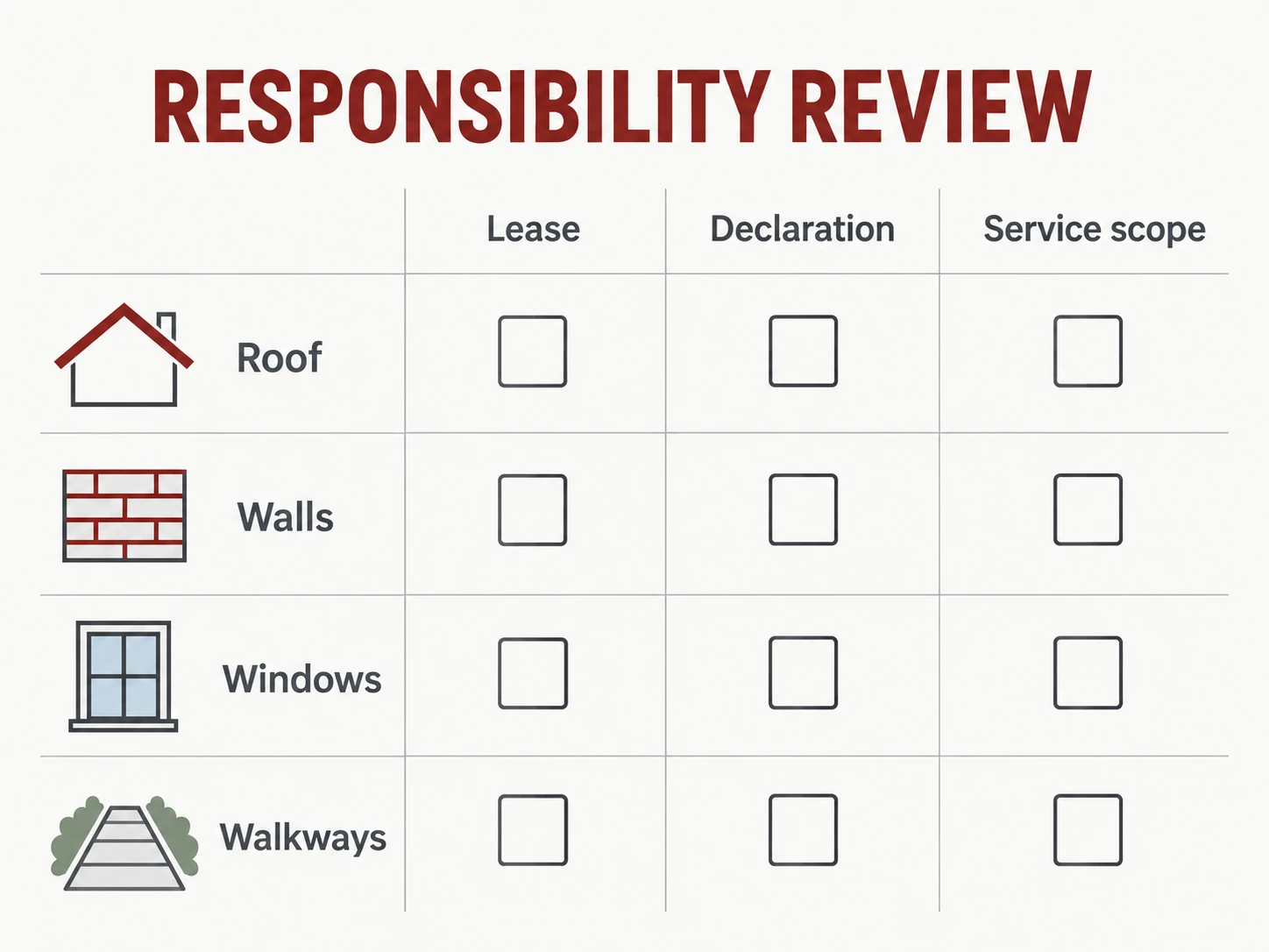 Responsibility matrix by lease type, shown as a labelled editorial diagram