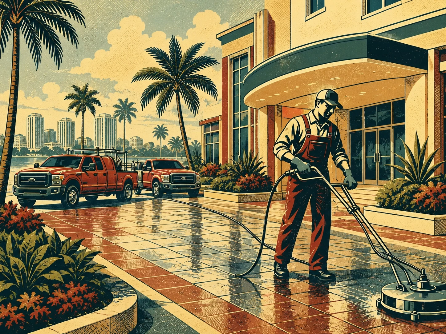 Retro illustration of a commercial exterior cleaning crew serving a West Palm Beach property