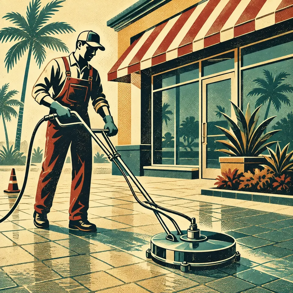 Retro illustration of a worker cleaning paving outside a South Florida storefront
