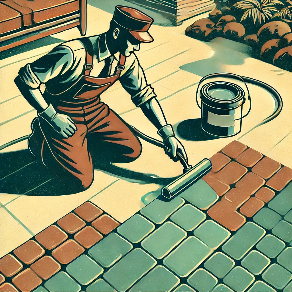 Retro illustration of a craftsman applying sealer to brick pavers