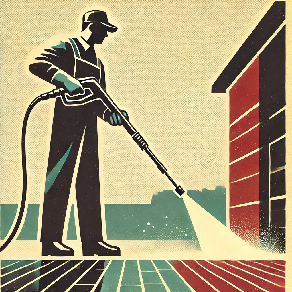 Retro illustration of a worker pressure washing an outdoor hard surface