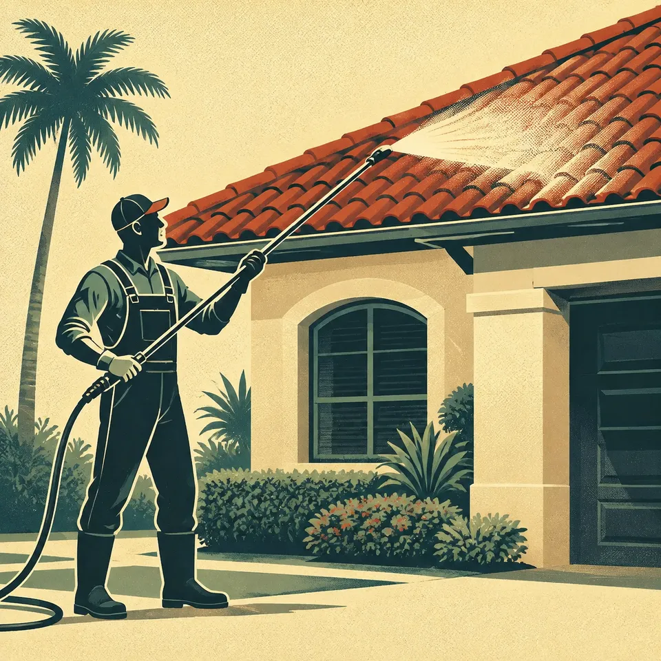 Retro illustration of a worker soft washing a tile roof from the ground