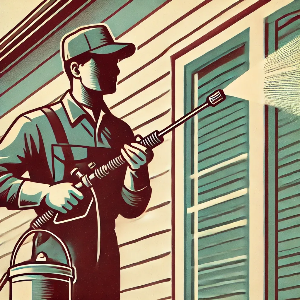 Retro illustration of a worker gently washing a home's exterior
