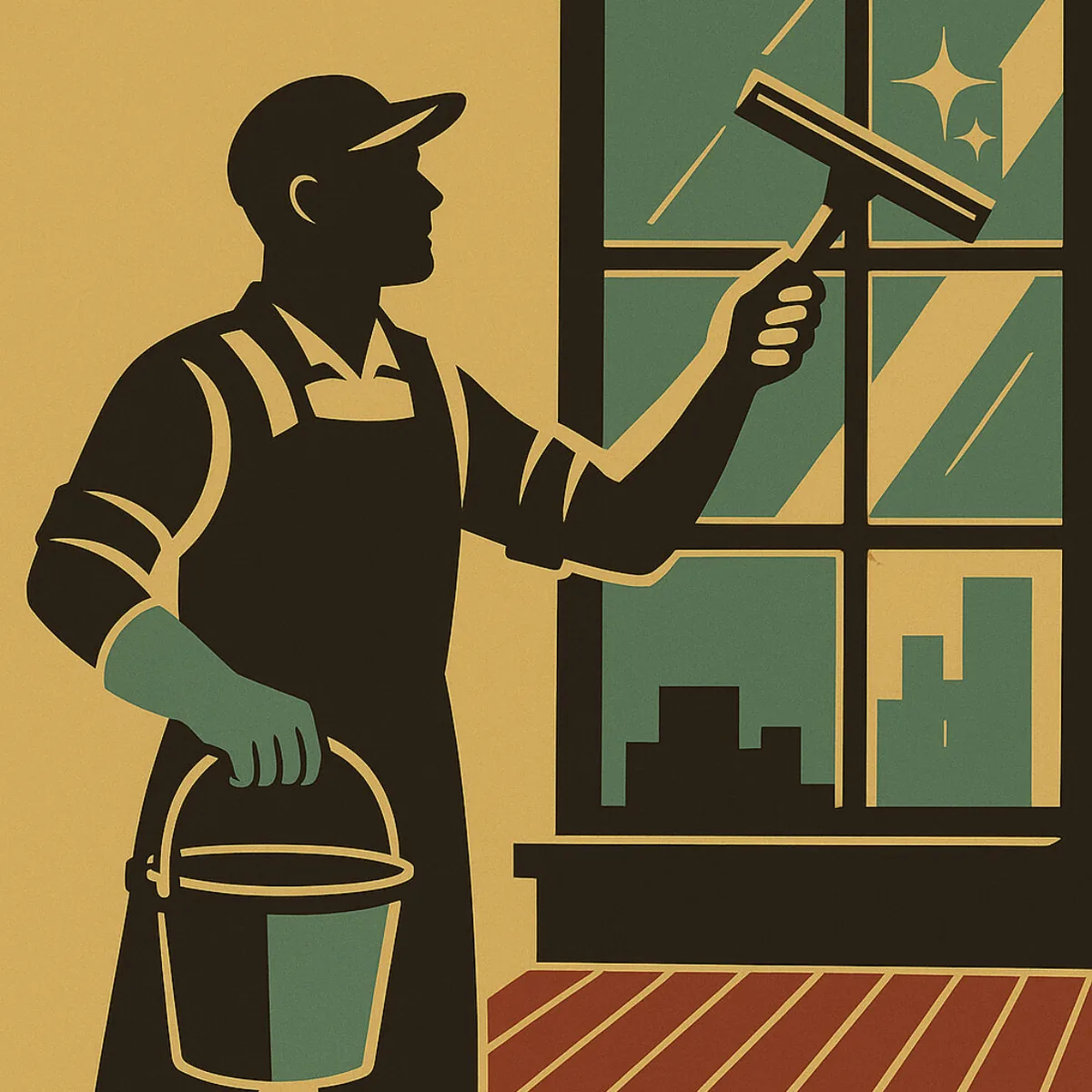 Retro illustration of a window cleaner using a squeegee on glass
