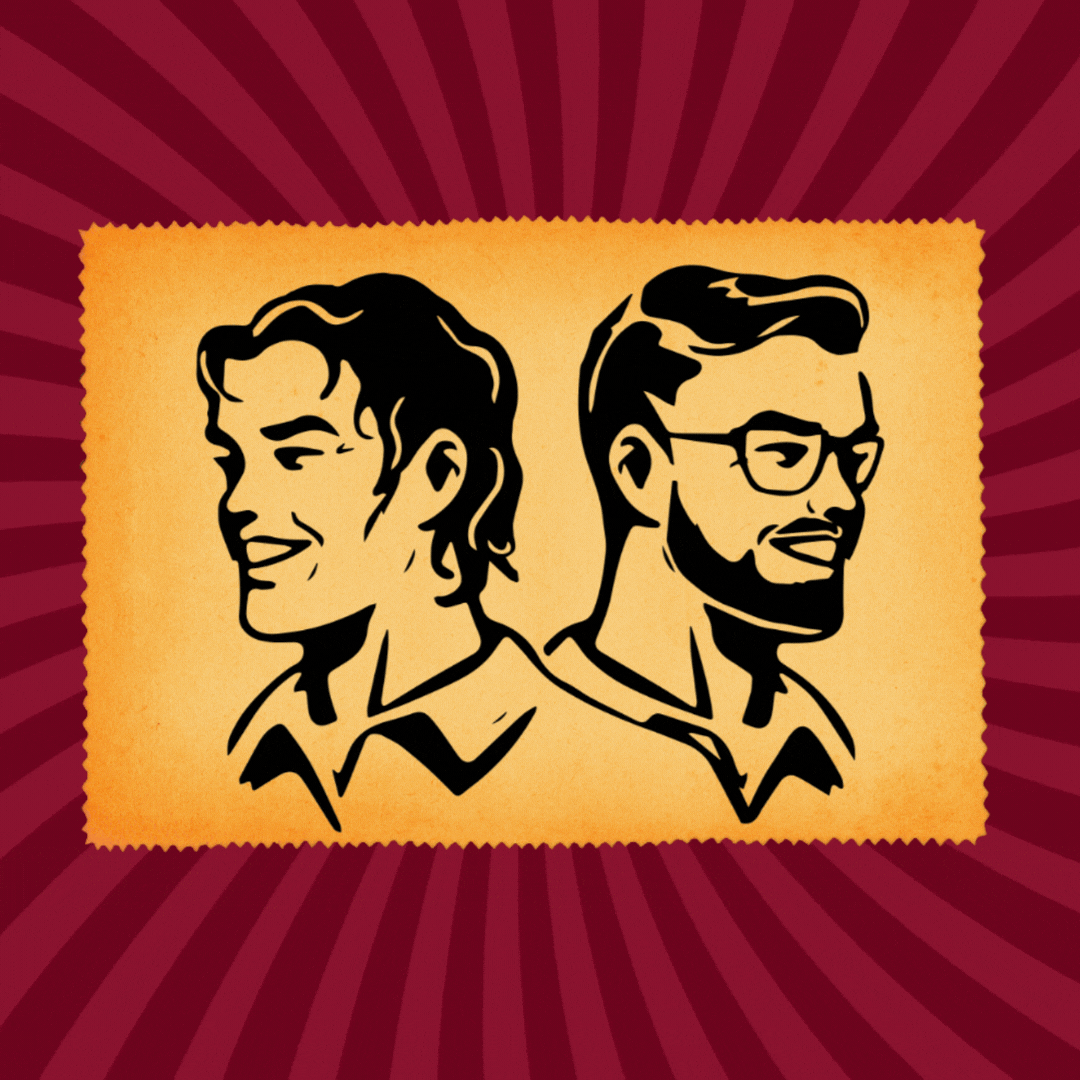Retro illustration of the two brothers behind 2Clean, on a gold and burgundy sunburst background